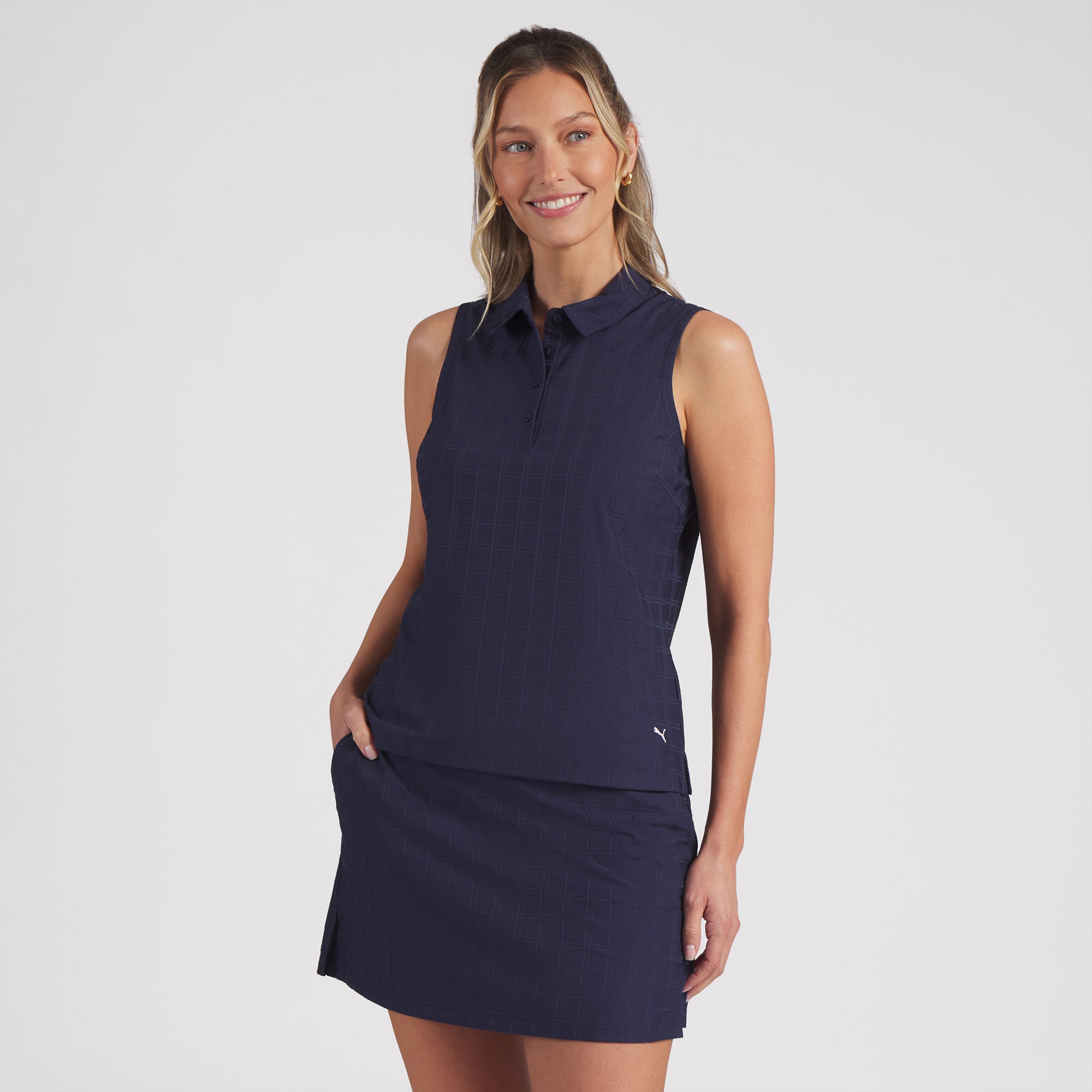 PUMA Women's Plaid Knit Sleeveless Golf Polo, Deep Navy, Size: S
